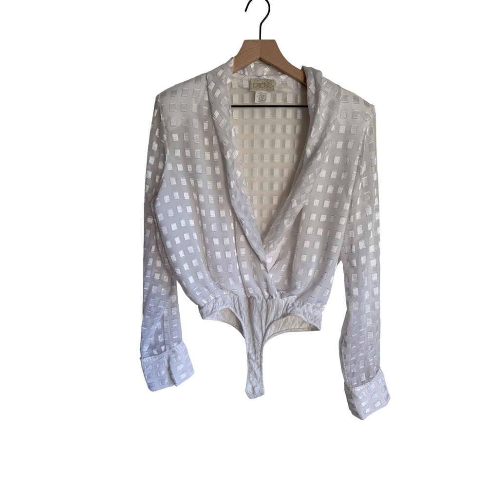 Vintage Cache White Sheer Checkerboard Surplice Bodysuit Made USA Large